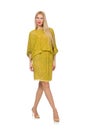 Pretty tall woman in yellow dress isolated on