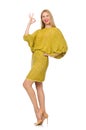 Pretty tall woman in yellow dress isolated on