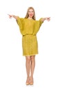 Pretty tall woman in yellow dress isolated on