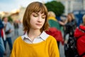 Pretty teenage girl wearing tricolor eye make-up on Lithuanian Statehood Day Royalty Free Stock Photo