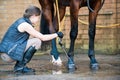 Pretty teenage young girl equestrian washing horse hoofs and legs Royalty Free Stock Photo