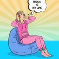 Pretty Teenager Girl Listening Music in Headphones. Relax at Home. Pop Art illustration Royalty Free Stock Photo