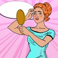 Pretty Teenager Girl Looking in the Mirror on her Pimple. Skin Care. Pop Art illustration