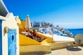 Pretty traditional houses with sea view terraces in Fira Santorini Greece