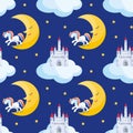 Pretty unicorn and castle seamless pattern