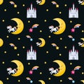 Pretty unicorn and castle seamless pattern