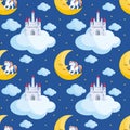 Pretty unicorn and castle seamless pattern