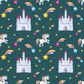 Pretty unicorn and castle seamless pattern