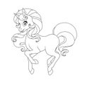 Pretty unicorn with curly mane and tail. Coloring page vector illustration.