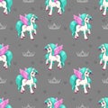 Pretty unicorn. Seamless pattern for girls with cute cartoon little horses.