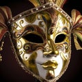 Pretty Venetian Ggolden Carnival Mask. Ornate Carnival Mask Over Black Silk Background. Art Made with Generative AI Royalty Free Stock Photo