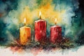 Pretty vibrant Watercolour style candle christmas scene