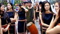 Pretty vietnamese girls perform folk dance