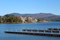 Pretty view of mountains and island from the pier Royalty Free Stock Photo