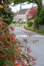 Pretty village of Biddestone near Chippenham in the Cotswolds, Wiltshire UK. Photographed in autumn with fuschia flowers in foregr Royalty Free Stock Photo