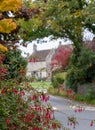 Pretty village of Biddestone near Chippenham in the Cotswolds, Wiltshire UK. Photographed in autumn with fuschia flowers in foregr Royalty Free Stock Photo