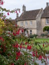 Pretty village of Biddestone near Chippenham in the Cotswolds, Wiltshire UK. Photographed in autumn with fuschia flowers in foregr Royalty Free Stock Photo