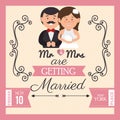 pretty wedding card with bride groom design graphic