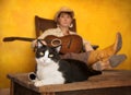 Pretty Western Woman with Guitar and cat