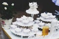 Pretty white cupcakes stand on trays on a table