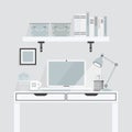 Pretty white and teal working place on gray background Royalty Free Stock Photo