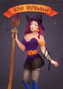 Pretty Witch Halloween.Sexy girl with broom and hat. Greeting card, Web, ribbon, inscription Royalty Free Stock Photo