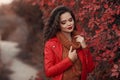 Pretty Woman autumn outdoor portrait. Young beautiful brunette i Royalty Free Stock Photo