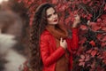 Pretty Woman autumn outdoor portrait. Young beautiful brunette i