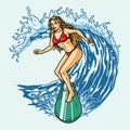 Pretty woman in bikini surfing wave