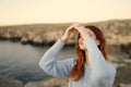 pretty woman in blue sweater enjoy nature fresh air freedom Royalty Free Stock Photo