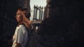 Pretty Woman at The Brooklyn Bridge in New York City at Sunrise Royalty Free Stock Photo