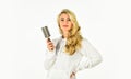 Pretty woman brushing hair isolated on white. Long hair. Hair care. Hairdresser salon. Professional equipment. Easy Royalty Free Stock Photo