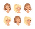 Pretty Woman Character Face with Short Haircut and Blond Ponytail Feeling Emotion Vector Set