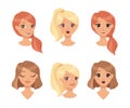 Pretty Woman Character Face with Short Haircut and Blond Ponytail Feeling Emotion Vector Set