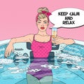 Pretty Woman Drinking Champagne and Relaxing in Jacuzzi. Pop Art illustration