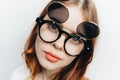 pretty woman face closeup fashionable glasses cosmetics attractive look Royalty Free Stock Photo