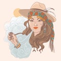 Gypsy lady smoking a pipe. Vector hand drawn illustration Royalty Free Stock Photo