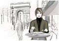 Pretty woman having a lunch at the Champs-Elysees in Paris Royalty Free Stock Photo