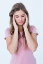 Pretty woman with headache hands on temples Royalty Free Stock Photo