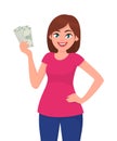 Pretty woman holding cash/money/currency notes in hand. Business and finance concept illustration in vector cartoon. Royalty Free Stock Photo