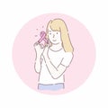 Pretty woman holding pink ribbon. Breast cancer awareness concept. Hand drawn character style vector Royalty Free Stock Photo