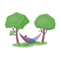 Pretty woman lays in a hammock and reads a book Royalty Free Stock Photo