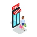 Pretty woman leaving shop, store, mall with paper bags. Brunette girl exiting mall with purchases.