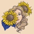 Pretty woman with long curly hair and sunflowers