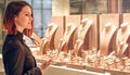 Pretty woman looking at jewelry in store window. Customer near jewellery. Dreamy red hair girl chooses silver, gold, diamonds,