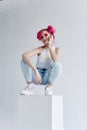 pretty woman pink hair posing fashion clothes isolated background Royalty Free Stock Photo