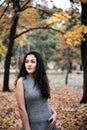 Pretty woman posing in autumn park near big tree. Beautiful landscape at fall season Royalty Free Stock Photo