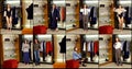 Pretty woman is putting on different clothes in dressing room, fashion and stylish outfits, collage shot Royalty Free Stock Photo