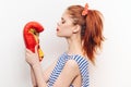 pretty woman red boxing glove workout fashion studio Royalty Free Stock Photo