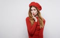 pretty woman red hat and dresses cosmetics home luxury model Royalty Free Stock Photo